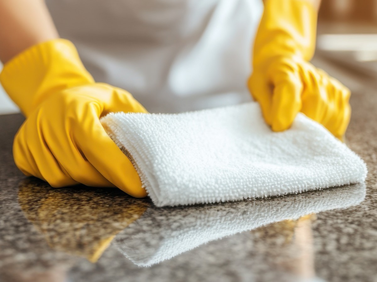 Gloved Allstar cleaner buffing a granite countertop to a streak-free finish