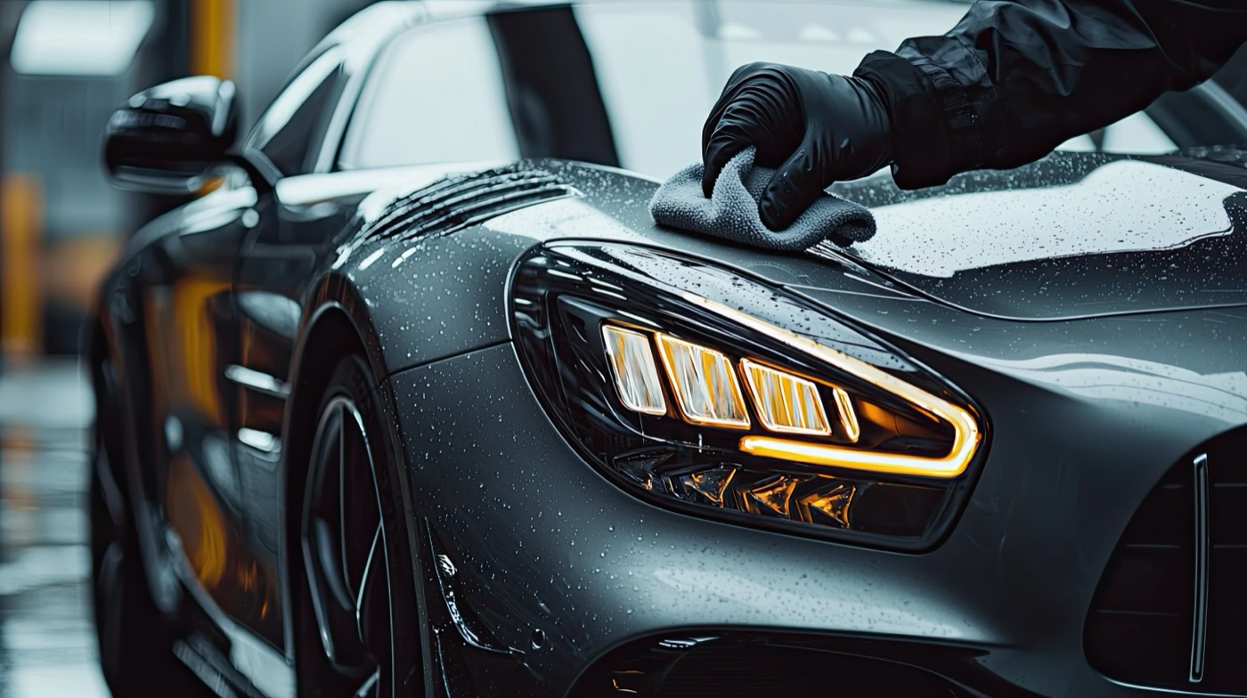 Allstar detailer in gloves finishing a car panel with a microfiber cloth
