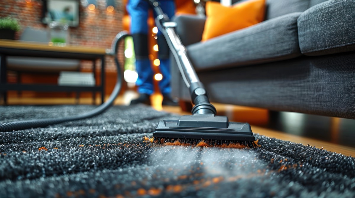 Technician deep-cleaning carpet with professional extraction equipment