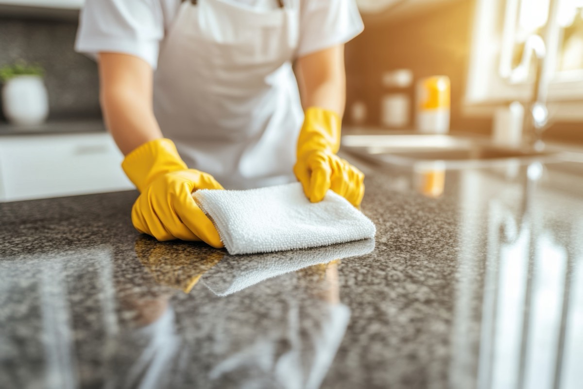 Cleaner wiping down a kitchen countertop in a bright home